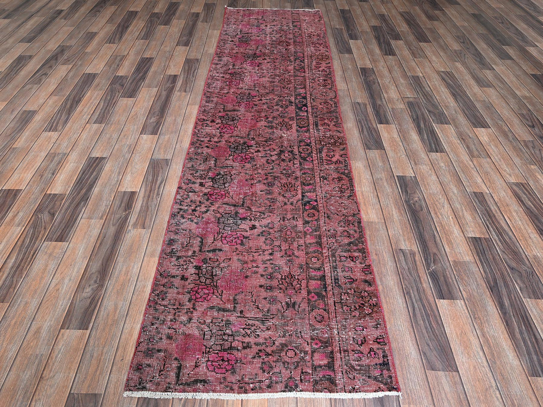 2'6" x 9'3" Vintage Hand Knotted Overdyed Wool Runner Oriental Rug - MOA102989