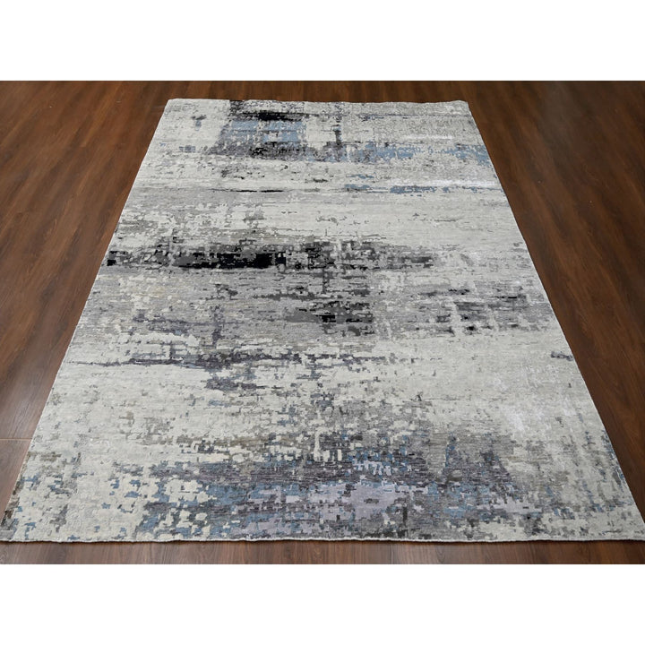 9'0" x 11'10" New Hand Knotted Grey Wool & Silk Rectangle Oriental Rug - MOA10210003