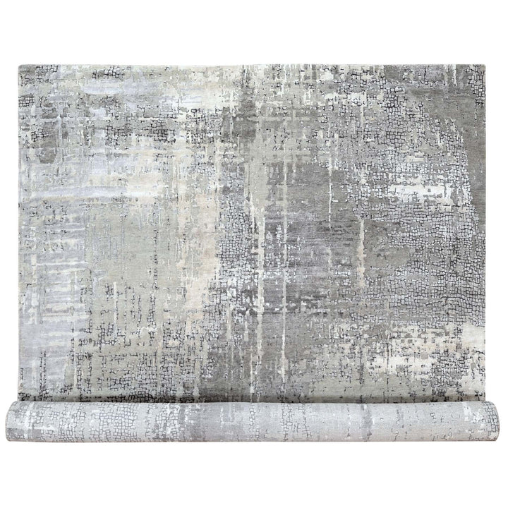 10'0" x 13'10" New Hand Knotted Grey Wool & Silk Rectangle Oriental Rug - MOA10210009