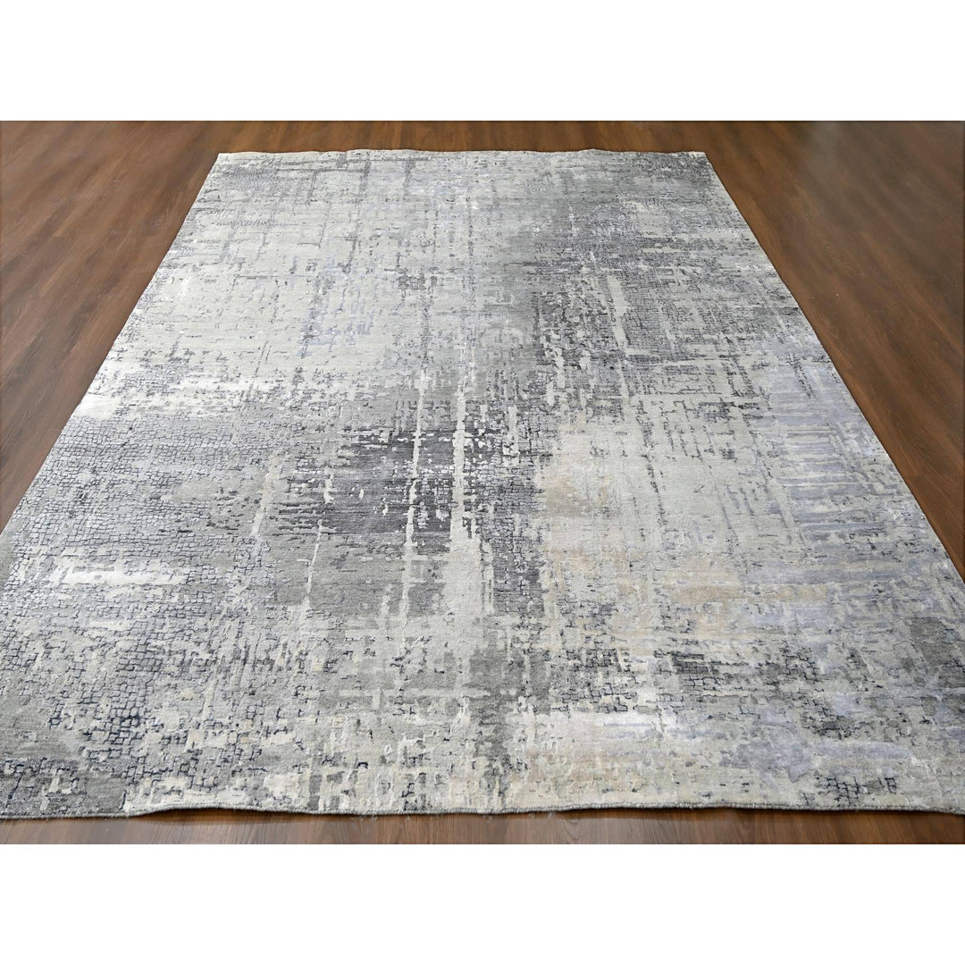 10'0" x 13'10" New Hand Knotted Grey Wool & Silk Rectangle Oriental Rug - MOA10210009