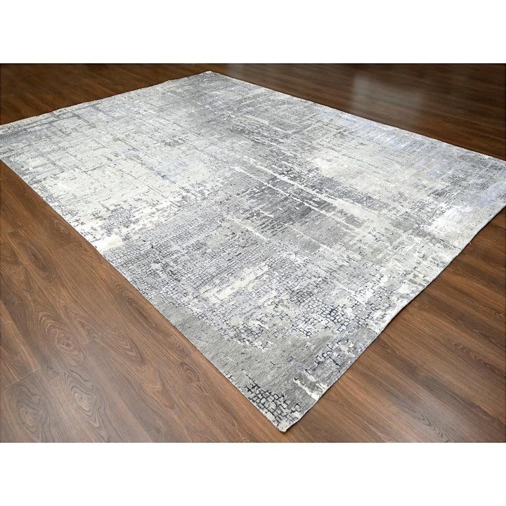 10'0" x 13'10" New Hand Knotted Grey Wool & Silk Rectangle Oriental Rug - MOA10210009