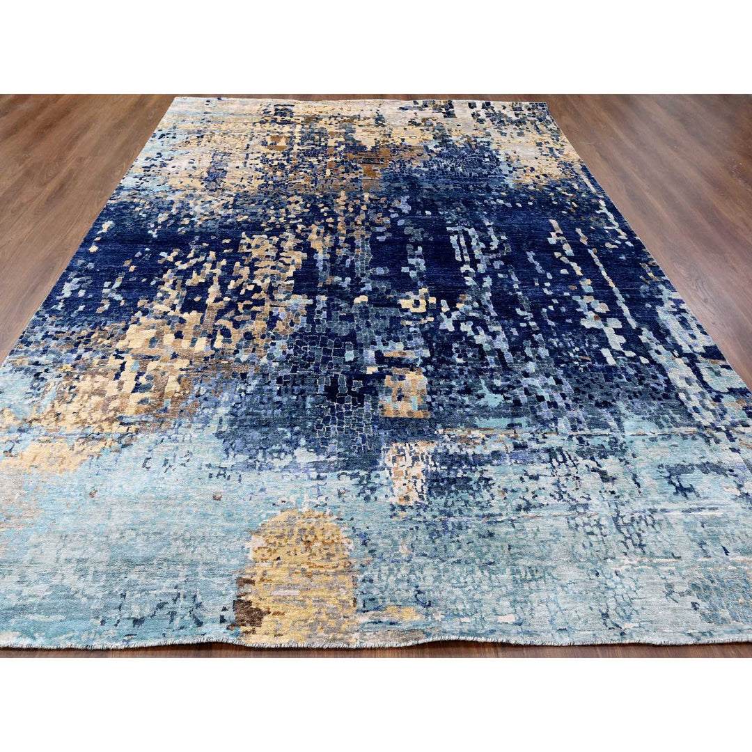 8'10" x 11'9" New Hand Knotted Blue Wool & Silk Rectangle Oriental Rug - MOA10210062