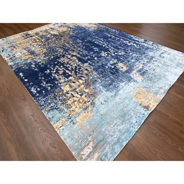 8'9" x 12'1" New Hand Knotted Blue Wool & Silk Rectangle Oriental Rug - MOA10210177