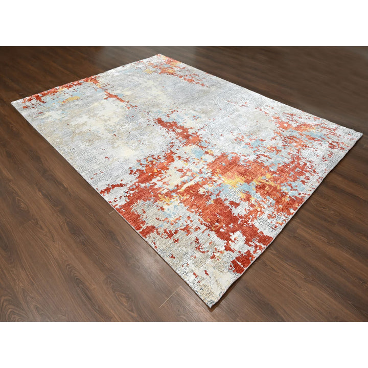 9'0" x 11'10" New Hand Knotted Orange Wool & Silk Rectangle Oriental Rug - MOA10210178