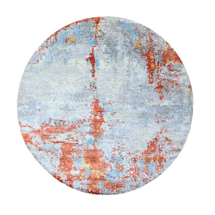 9'9" x 9'10" New Hand Knotted Orange Wool & Silk Round Oriental Rug - MOA10210179