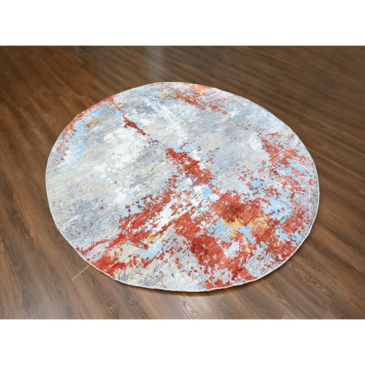 9'9" x 9'10" New Hand Knotted Orange Wool & Silk Round Oriental Rug - MOA10210179