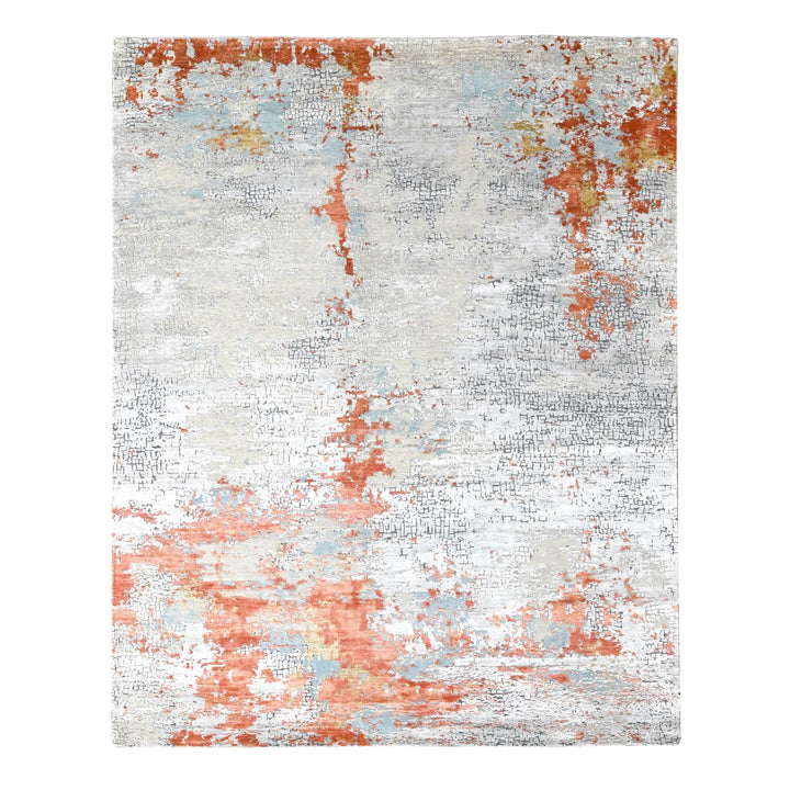 7'10" x 9'10" New Hand Knotted Orange Wool & Silk Rectangle Oriental Rug - MOA10210180