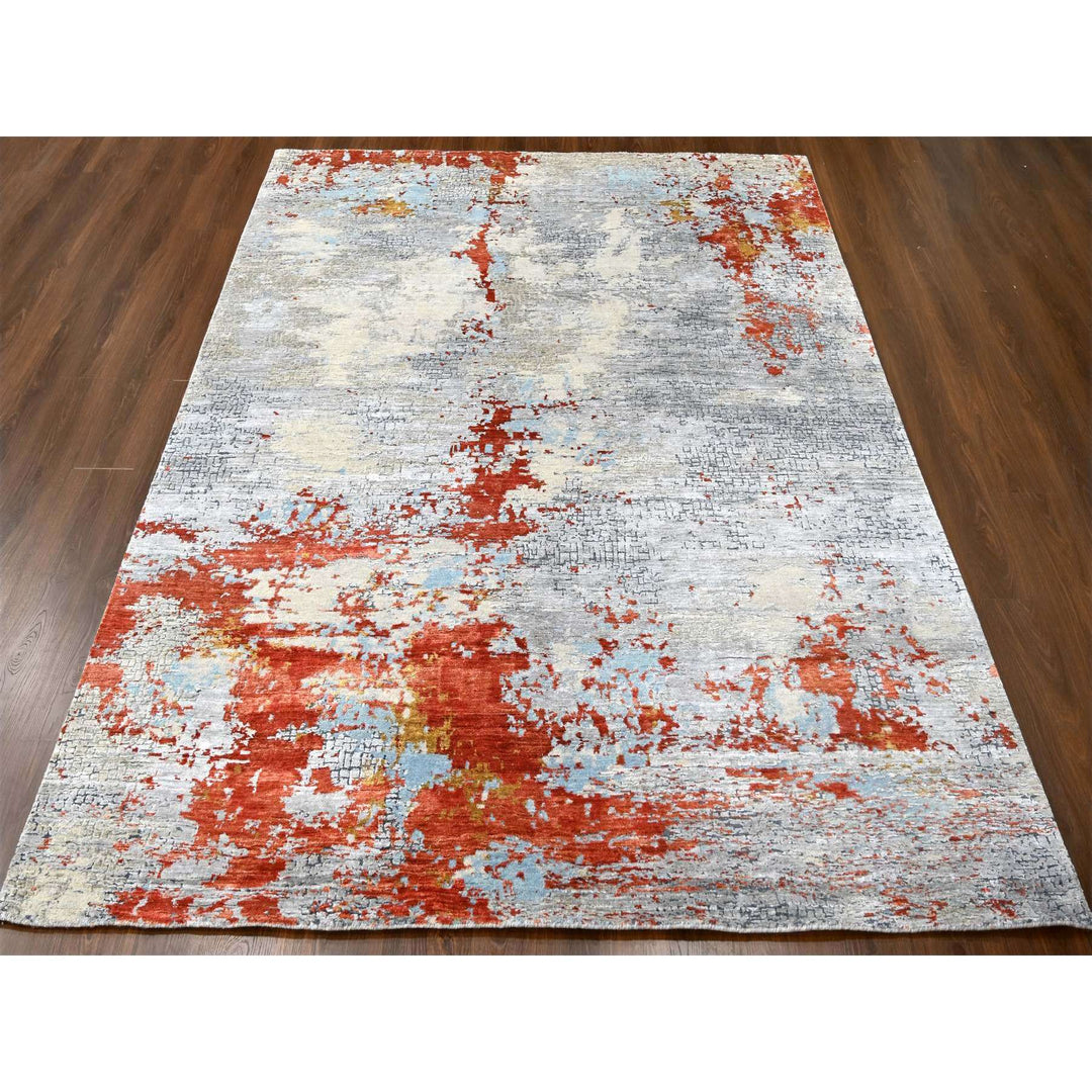 7'10" x 9'10" New Hand Knotted Orange Wool & Silk Rectangle Oriental Rug - MOA10210180