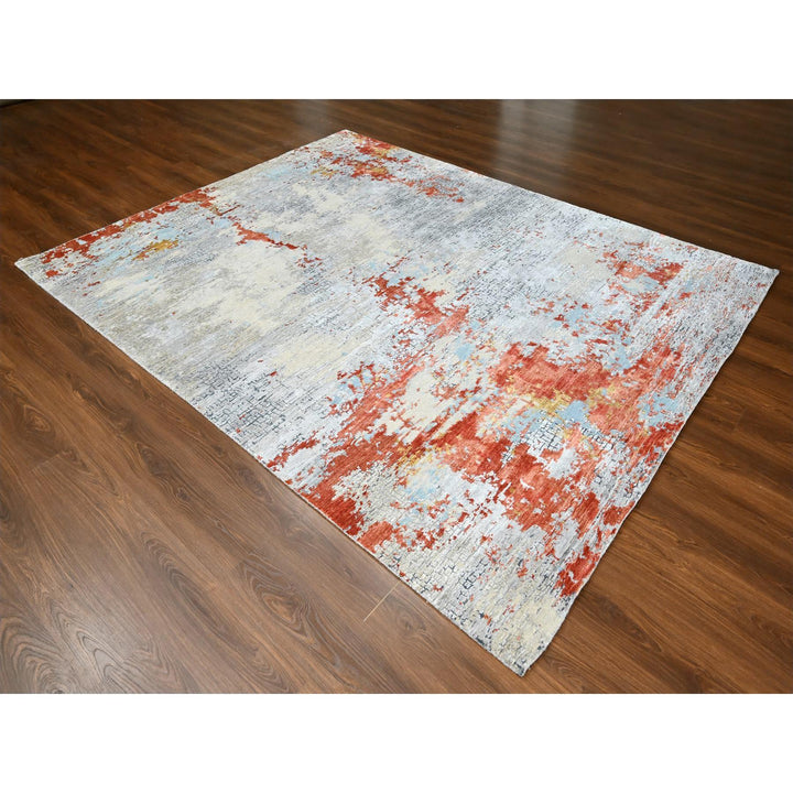 7'10" x 9'10" New Hand Knotted Orange Wool & Silk Rectangle Oriental Rug - MOA10210180