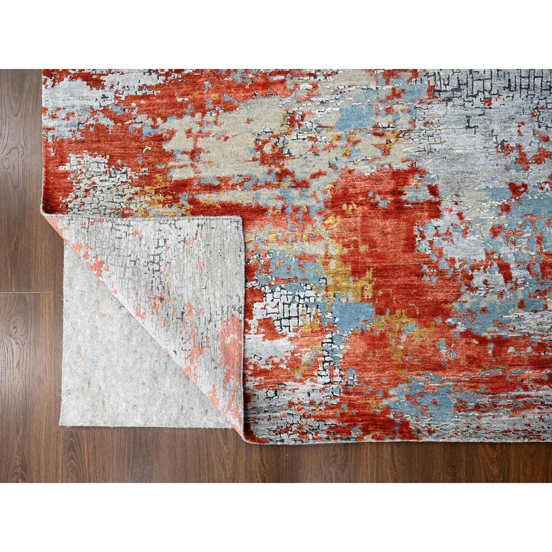 7'10" x 9'10" New Hand Knotted Orange Wool & Silk Rectangle Oriental Rug - MOA10210180