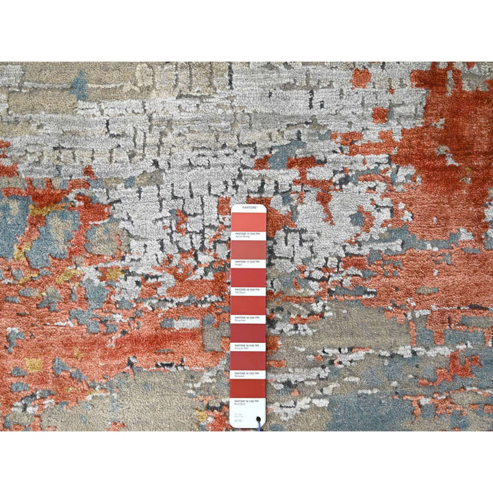 7'10" x 9'10" New Hand Knotted Orange Wool & Silk Rectangle Oriental Rug - MOA10210180