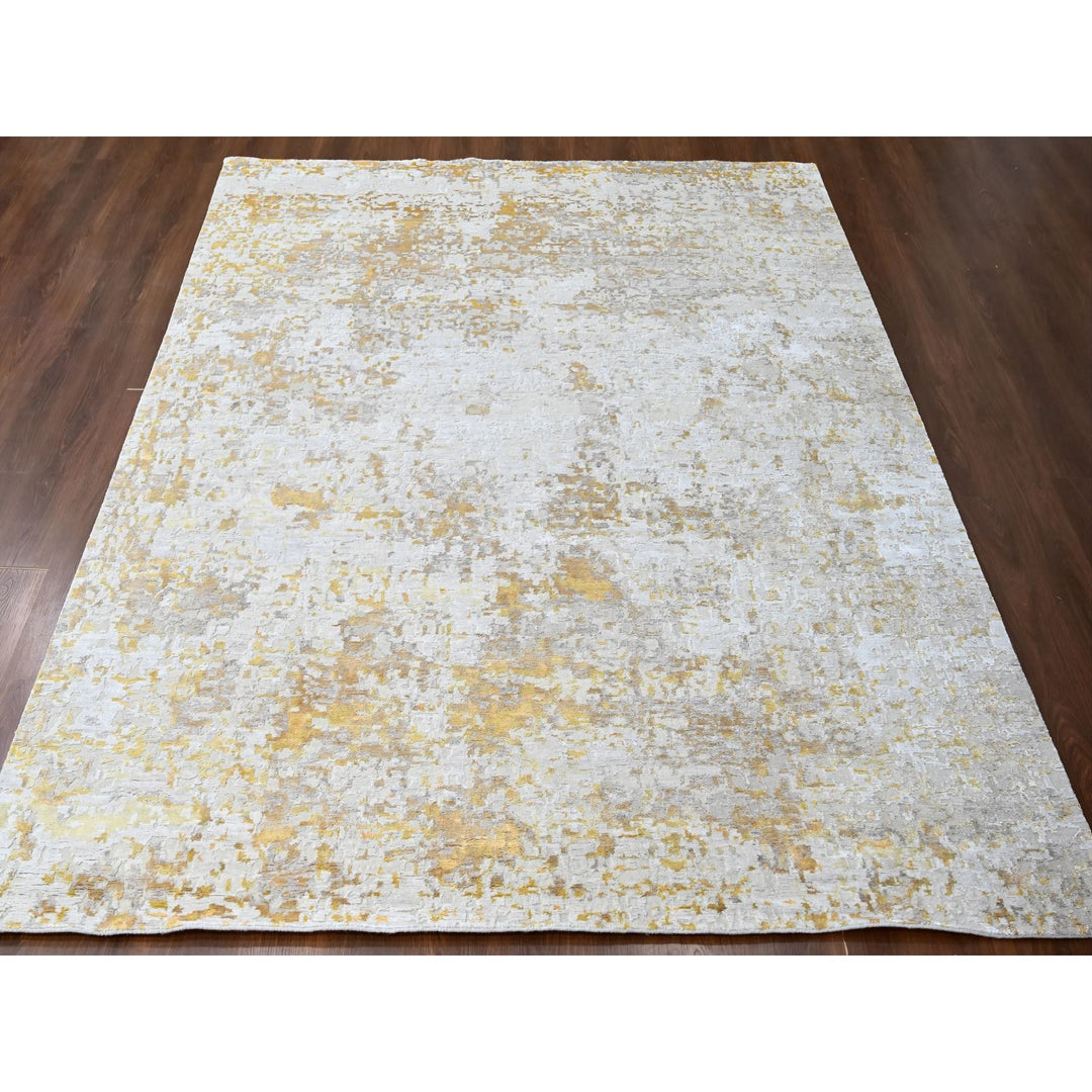 9'0" x 12'0" New Hand Knotted Beige Wool & Silk Rectangle Oriental Rug - MOA10210195