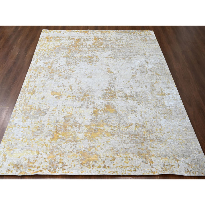 9'0" x 12'0" New Hand Knotted Beige Wool & Silk Rectangle Oriental Rug - MOA10210195