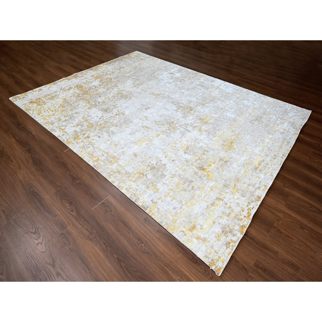 9'0" x 12'0" New Hand Knotted Beige Wool & Silk Rectangle Oriental Rug - MOA10210195