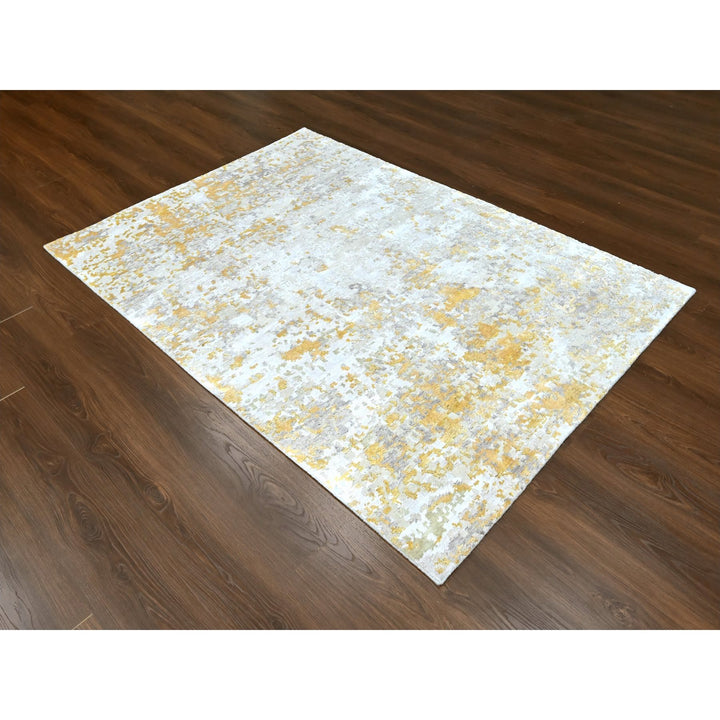 5'0" x 6'11" New Hand Knotted Beige Wool & Silk Rectangle Oriental Rug - MOA10210200