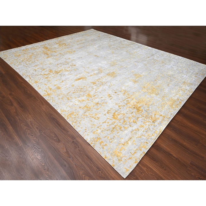 12'0" x 14'9" New Hand Knotted Beige Wool & Silk Rectangle Oriental Rug - MOA10210208