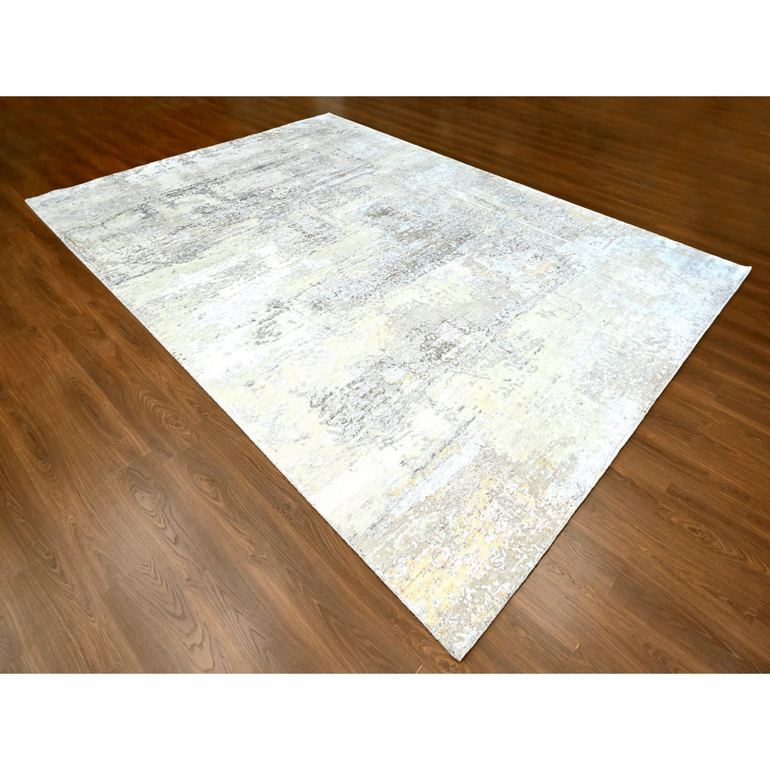 10'0" x 13'10" New Hand Knotted Grey Wool & Silk Rectangle Oriental Rug - MOA10210272