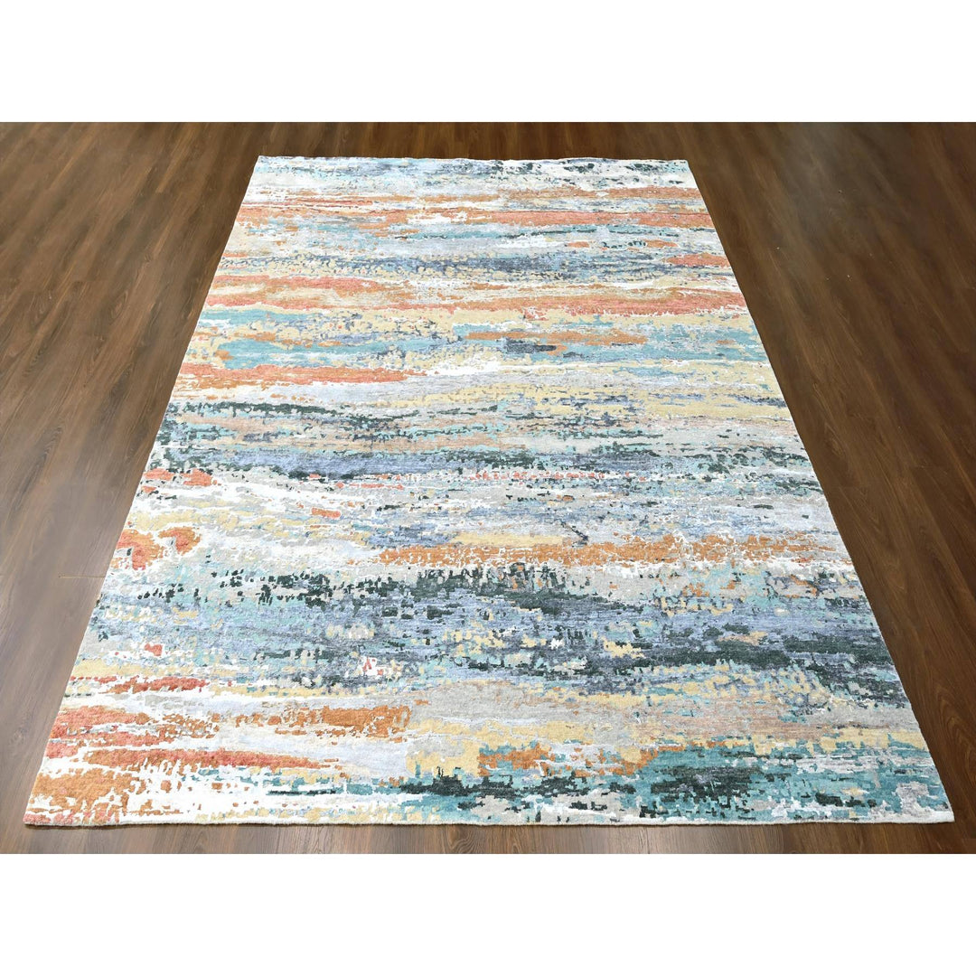 9'0" x 11'10" New Hand Knotted Green Wool & Silk Rectangle Oriental Rug - MOA10210273