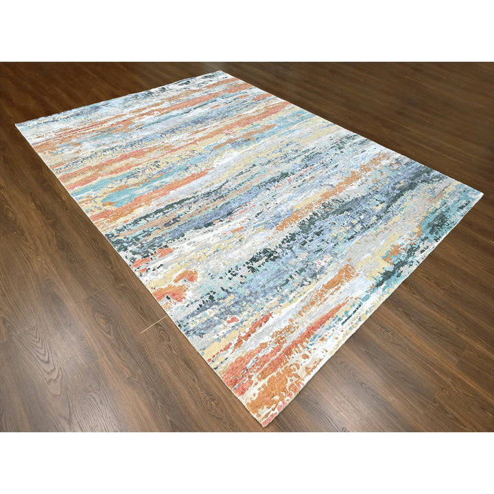 9'0" x 11'10" New Hand Knotted Green Wool & Silk Rectangle Oriental Rug - MOA10210273