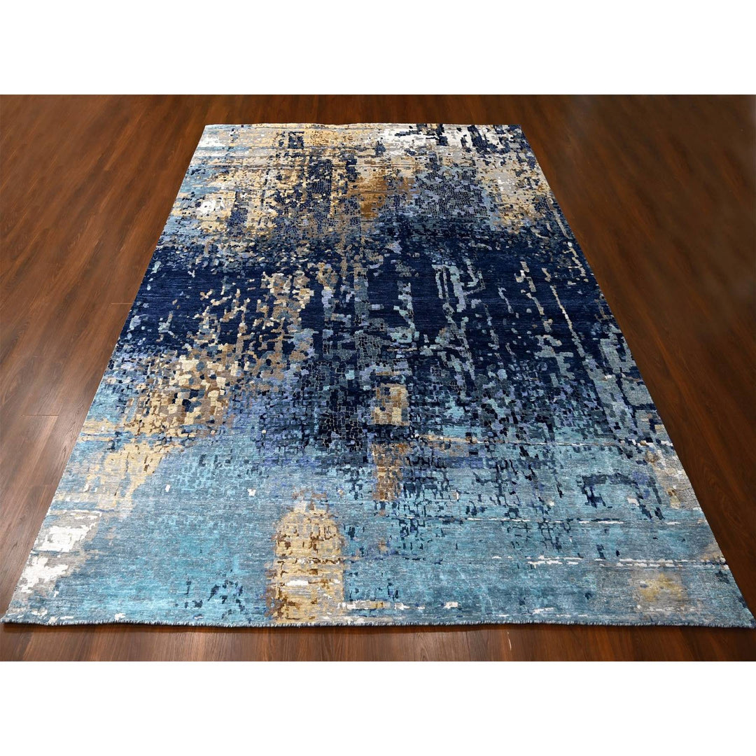 10'0" x 13'10" New Hand Knotted Blue Wool & Silk Rectangle Oriental Rug - MOA10210293