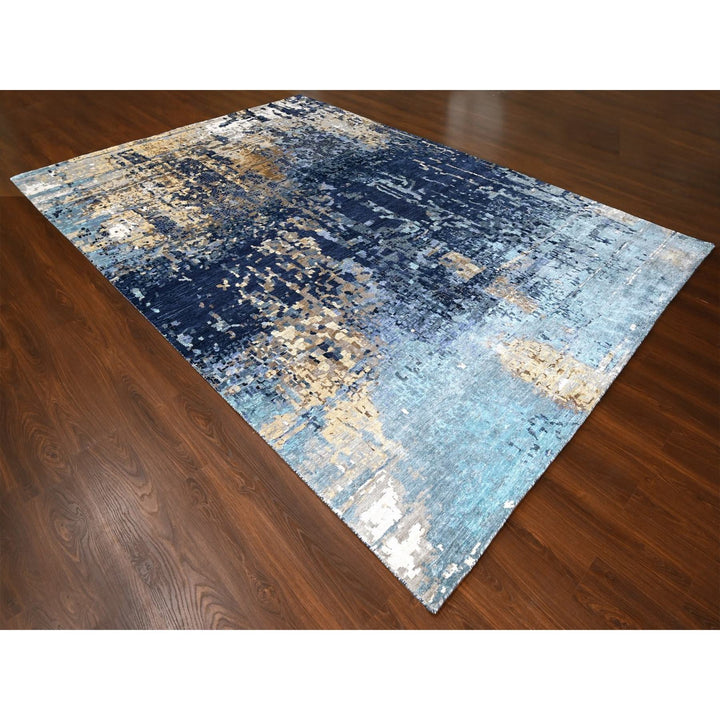 10'0" x 13'10" New Hand Knotted Blue Wool & Silk Rectangle Oriental Rug - MOA10210293