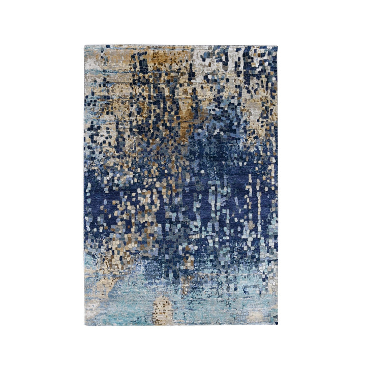 4'10" x 6'10" New Hand Knotted Blue Wool & Silk Rectangle Oriental Rug - MOA10210294
