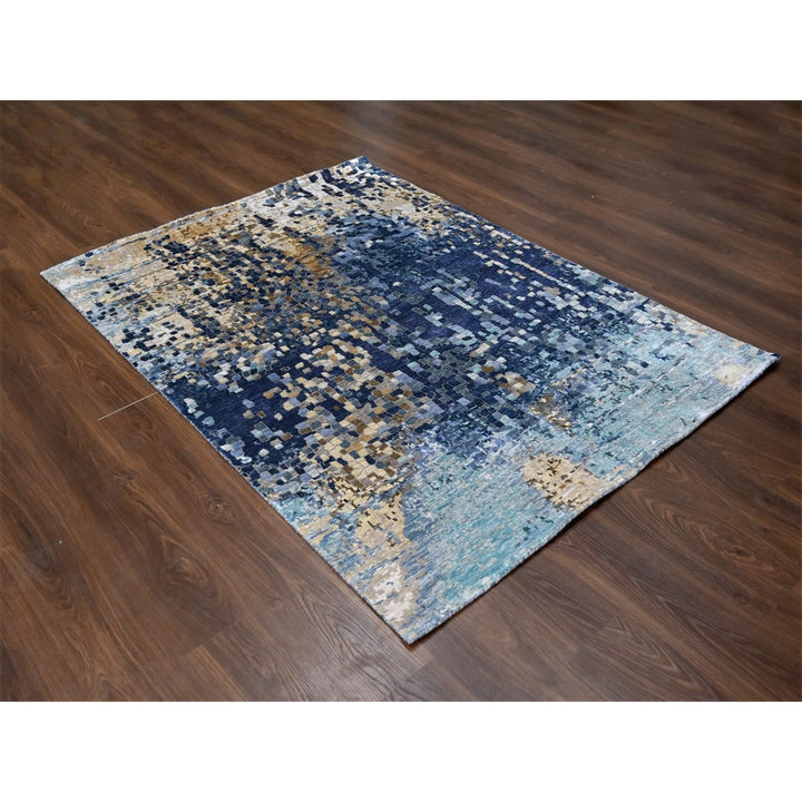 4'10" x 6'10" New Hand Knotted Blue Wool & Silk Rectangle Oriental Rug - MOA10210294
