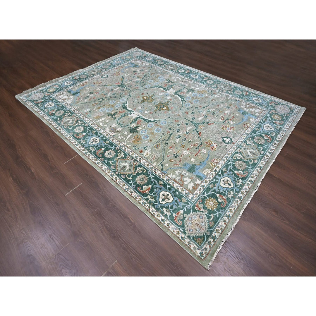 9'0" x 11'10" New Hand Knotted Green Wool Rectangle Oriental Rug - MOA10210310