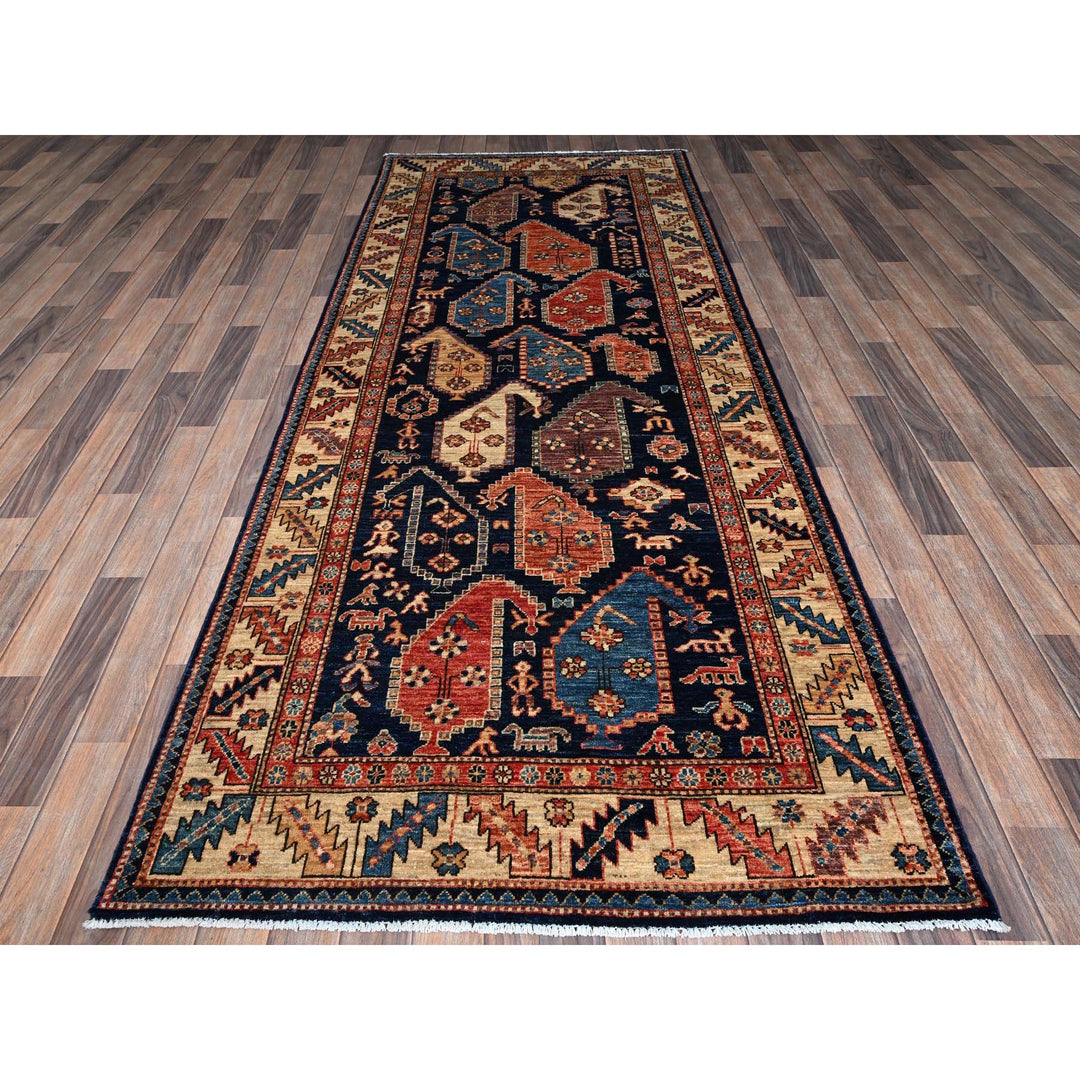 3'11" x 9'9" New Hand Knotted Blue Wool Runner Oriental Rug - MOA1021065