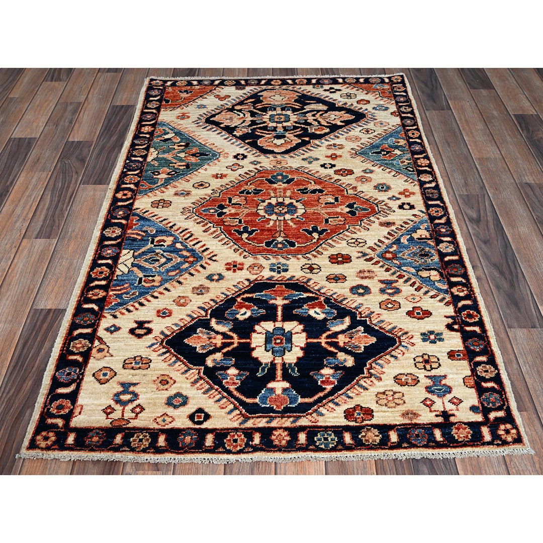 3'3" x 5'2" New Hand Knotted Ivory Wool Rectangle Oriental Rug - MOA1021084