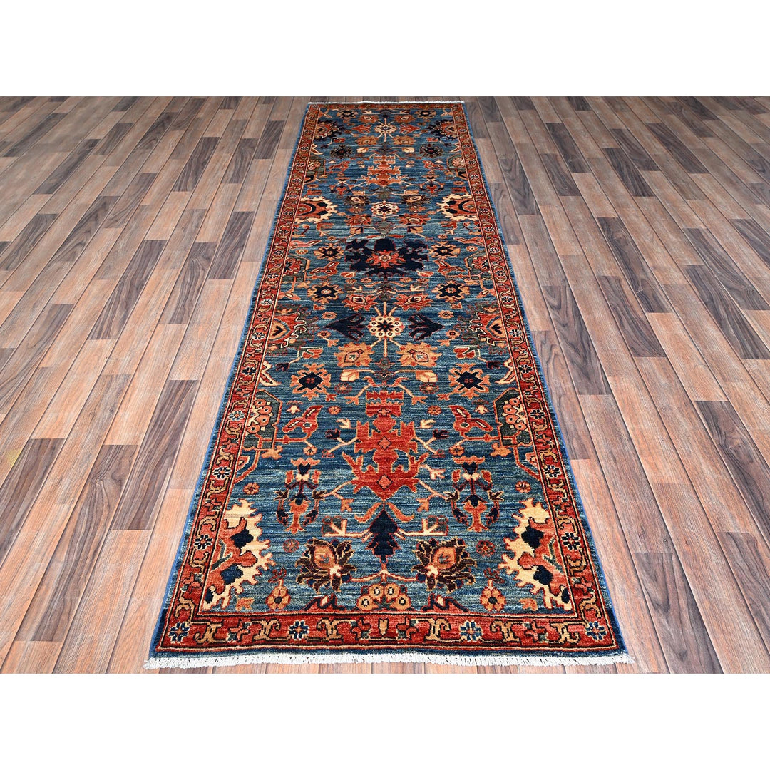 2'10" x 9'7" New Hand Knotted Blue Wool Runner Oriental Rug - MOA1021115