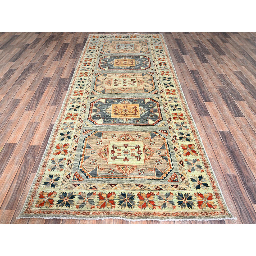 3'11" x 9'5" New Hand Knotted Green Wool Runner Oriental Rug - MOA1021145
