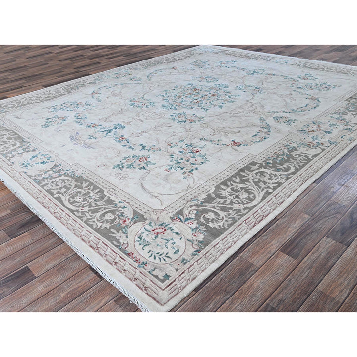 9'0" x 11'9" New Hand Knotted Ivory Wool Rectangle Oriental Rug - MOA1021370