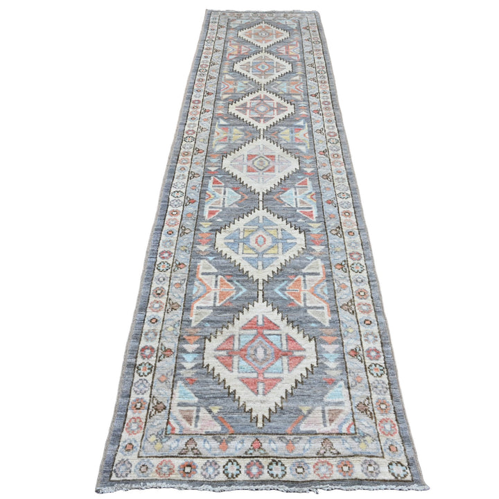 2'11" x 11'6" New Hand Knotted Grey Wool Runner Oriental Rug - MOA10220531