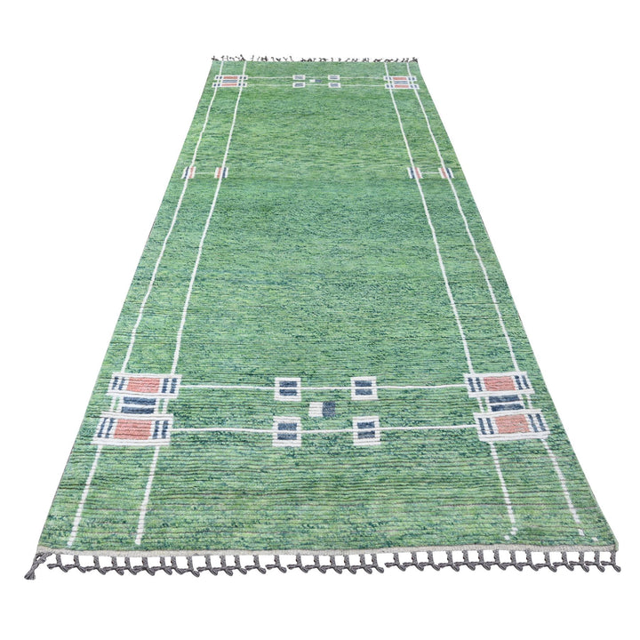 5'1" x 12'3" New Hand Knotted Green Wool Runner Oriental Rug - MOA10220548