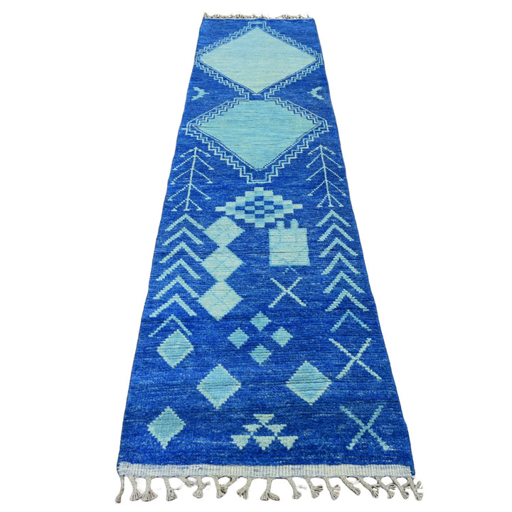 2'8" x 10'5" New Hand Knotted Blue Wool Runner Oriental Rug - MOA10220618