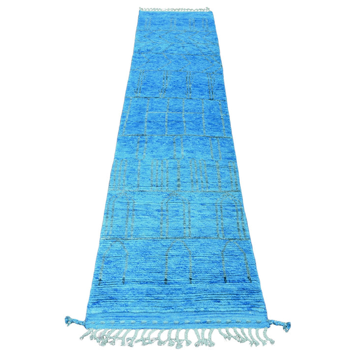 2'5" x 10'3" New Hand Knotted Blue Wool Runner Oriental Rug - MOA10220620