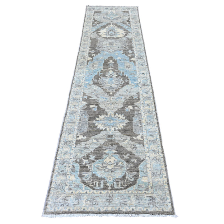 2'6" x 9'7" New Hand Knotted Grey Wool Runner Oriental Rug - MOA10220671