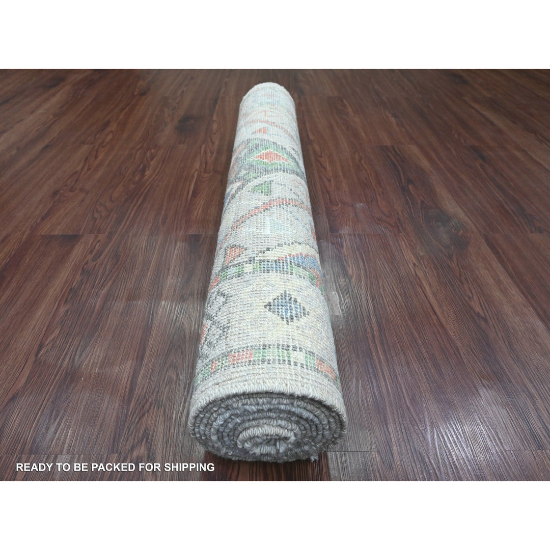 3'2" x 10'5" New Hand Knotted Grey Wool Runner Oriental Rug - MOA10220699