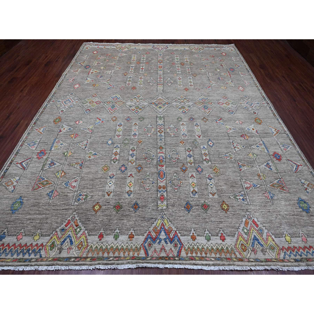 9'1" x 11'5" New Hand Knotted Grey Wool Rectangle Oriental Rug - MOA10220740