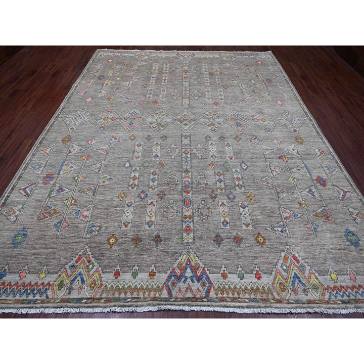 9'1" x 11'5" New Hand Knotted Grey Wool Rectangle Oriental Rug - MOA10220740