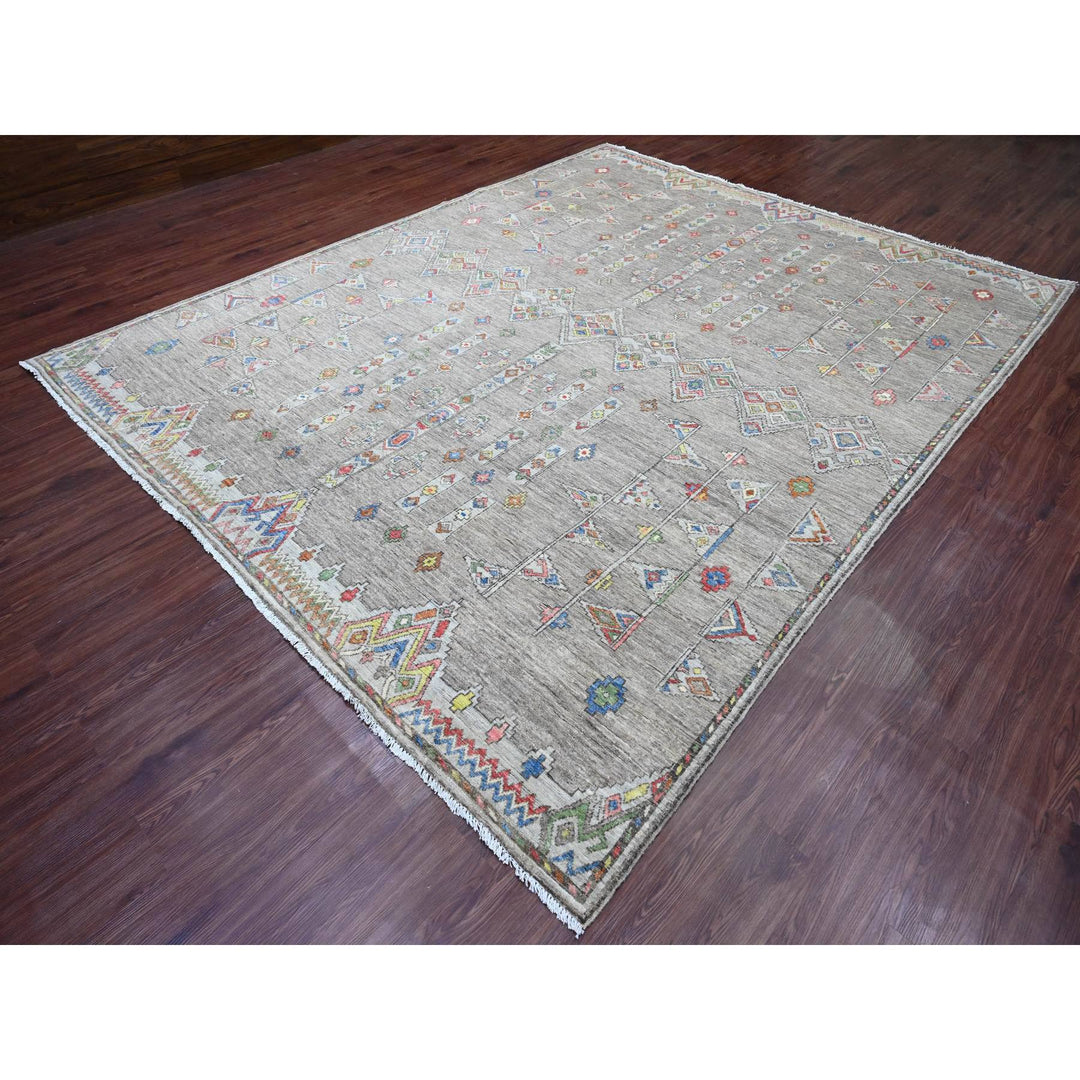 9'1" x 11'5" New Hand Knotted Grey Wool Rectangle Oriental Rug - MOA10220740
