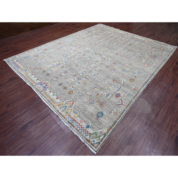 9'1" x 11'5" New Hand Knotted Grey Wool Rectangle Oriental Rug - MOA10220740