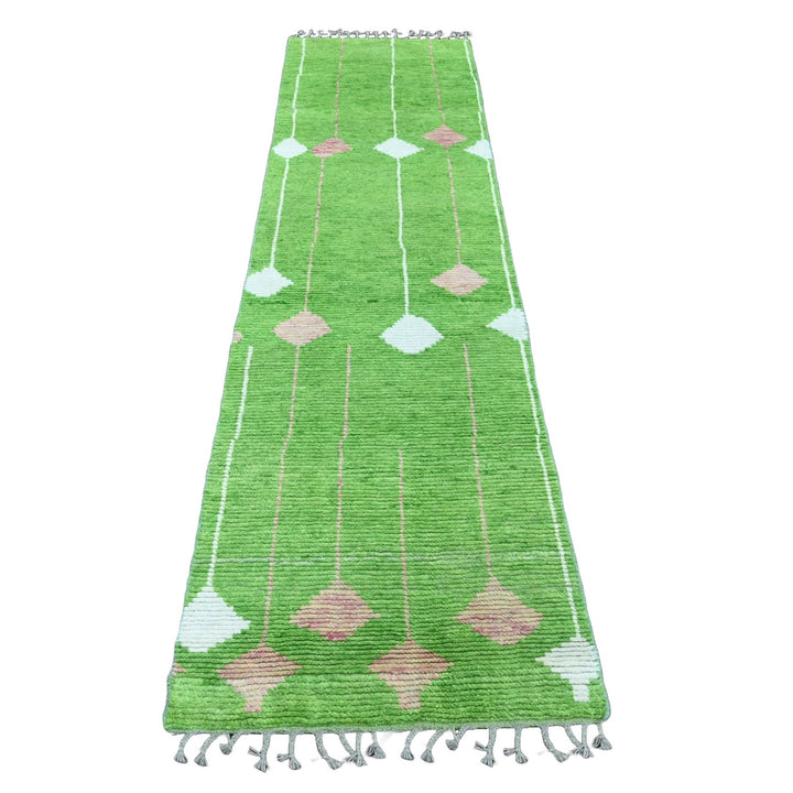 2'6" x 9'1" New Hand Knotted Green Wool Runner Oriental Rug - MOA10220747