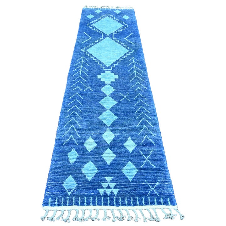 2'9" x 10'7" New Hand Knotted Blue Wool Runner Oriental Rug - MOA10220749