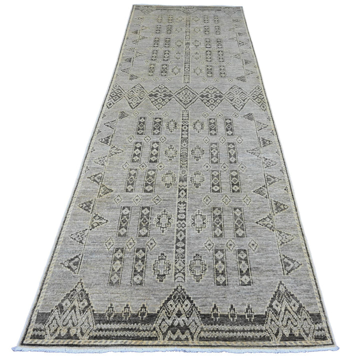 3'11" x 11'9" New Hand Knotted Grey Wool Runner Oriental Rug - MOA10220823