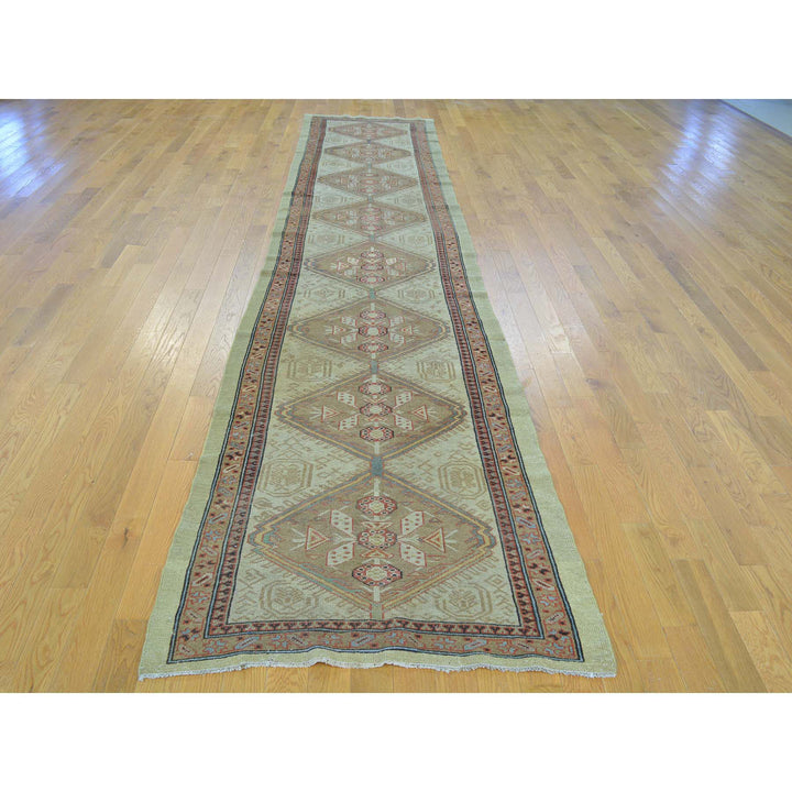 3'1" x 14'3" Used Hand Knotted Green Cotton Runner Oriental Rug - MOA10226424