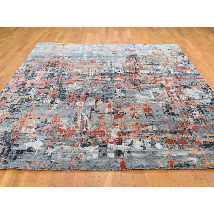 7'9" x 10'1" New Hand Knotted Grey Wool & Silk Rectangle Oriental Rug - MOA10247778