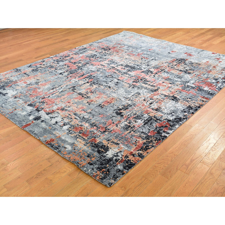 7'9" x 10'1" New Hand Knotted Grey Wool & Silk Rectangle Oriental Rug - MOA10247778