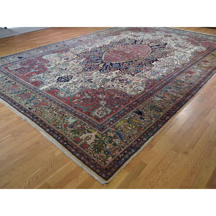 12'2" x 18'8" Vintage Hand Knotted Ivory Wool Rectangle Oriental Rug - MOA10248703